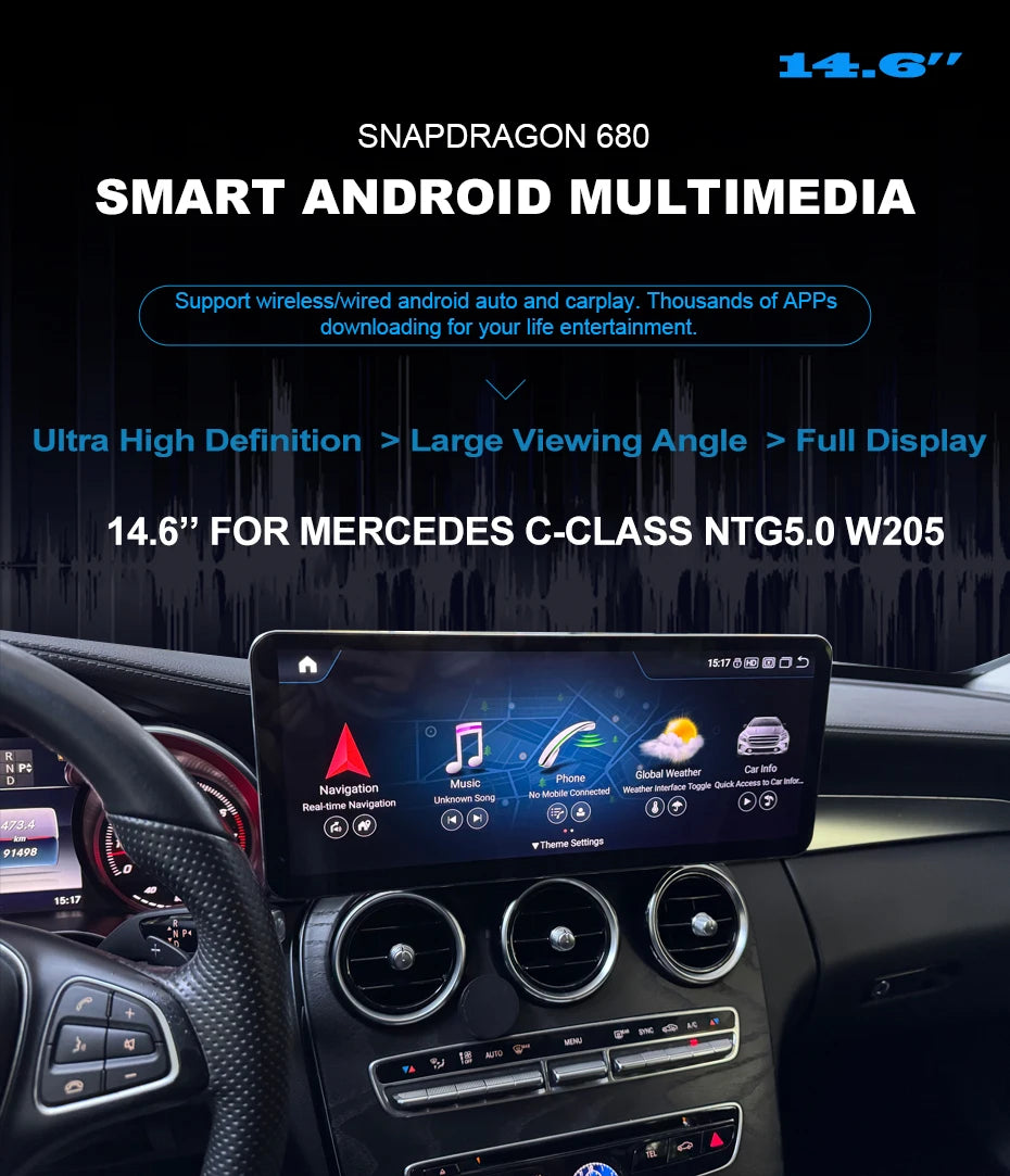 3200*1200p 14.6" Android Qualcomm 680 Carplay for Mercedes-Benz GLC X253 C253 GLC43 GLC63 GLC200 GLC220 GLC250 GLC260 GLC300