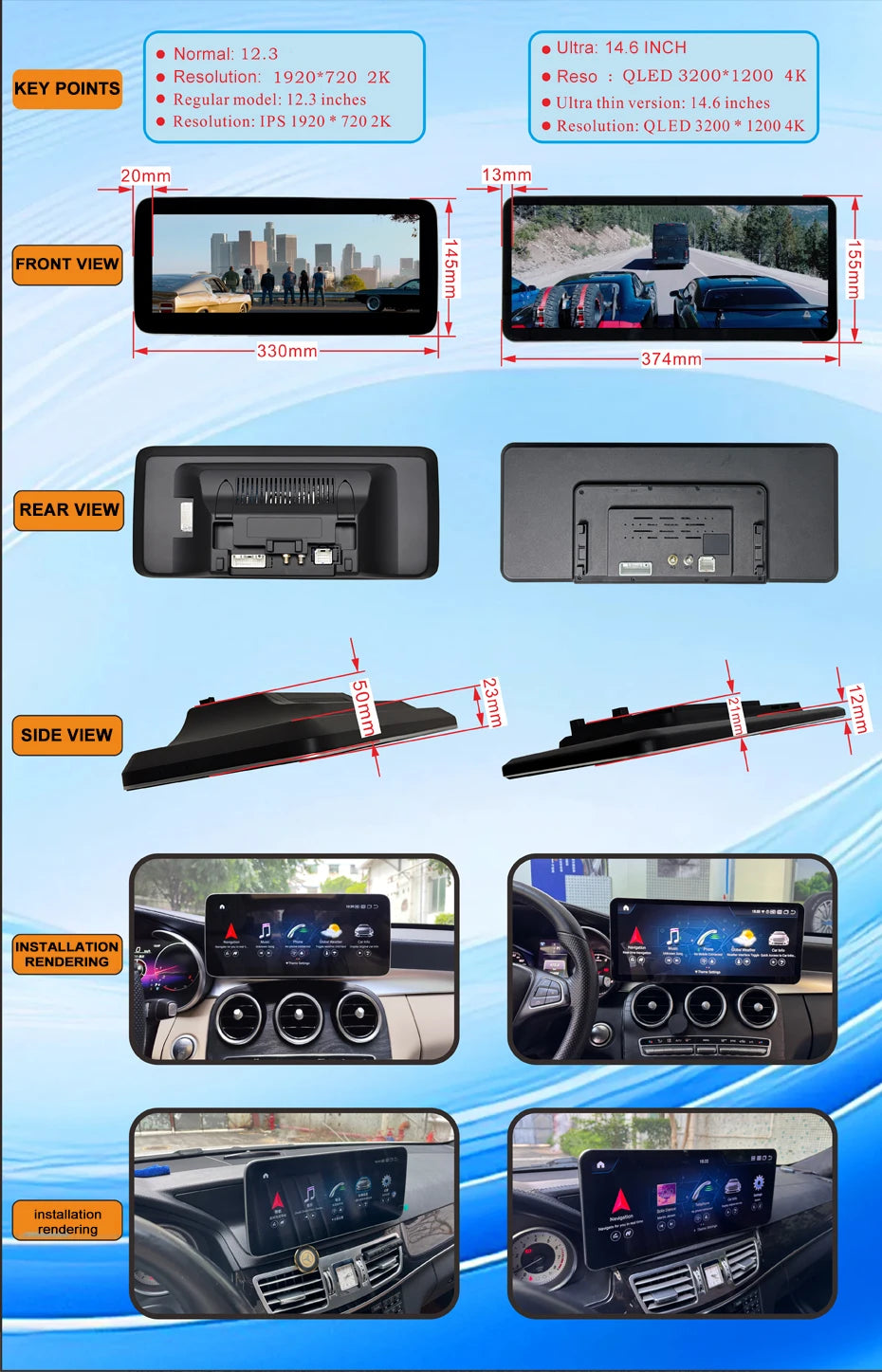 3200*1200p 14.6" Android Qualcomm 680 Carplay for Mercedes-Benz GLC X253 C253 GLC43 GLC63 GLC200 GLC220 GLC250 GLC260 GLC300
