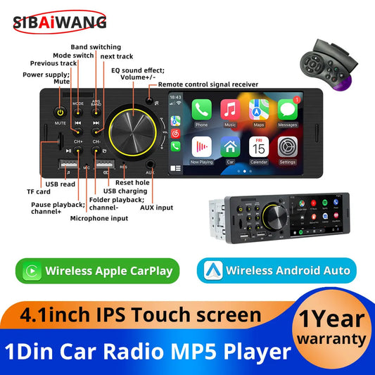 Wireless CarPlay Android Auto 1Din Car Radio MP5 Multimedia Video Player Universal 4.1-inch 60W*4 AUX USB Bluetooth TouchScreen