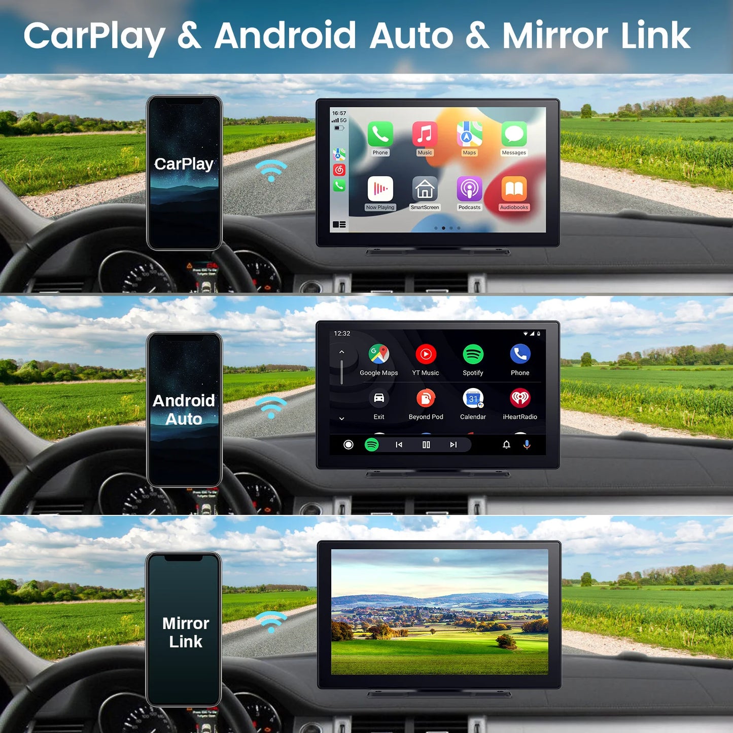 Pionray 7/9/10.26” CarPlay Android Auto Car Radio Multimedia Video Player IPS Touch Screen With AUX USB Support Rearview Camera